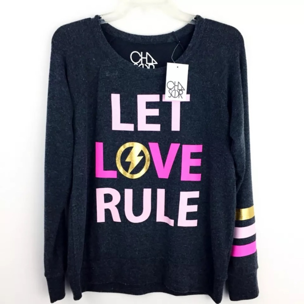 NWT CHASER LET LOVE RULE GREY PINK GOLD SWEATER